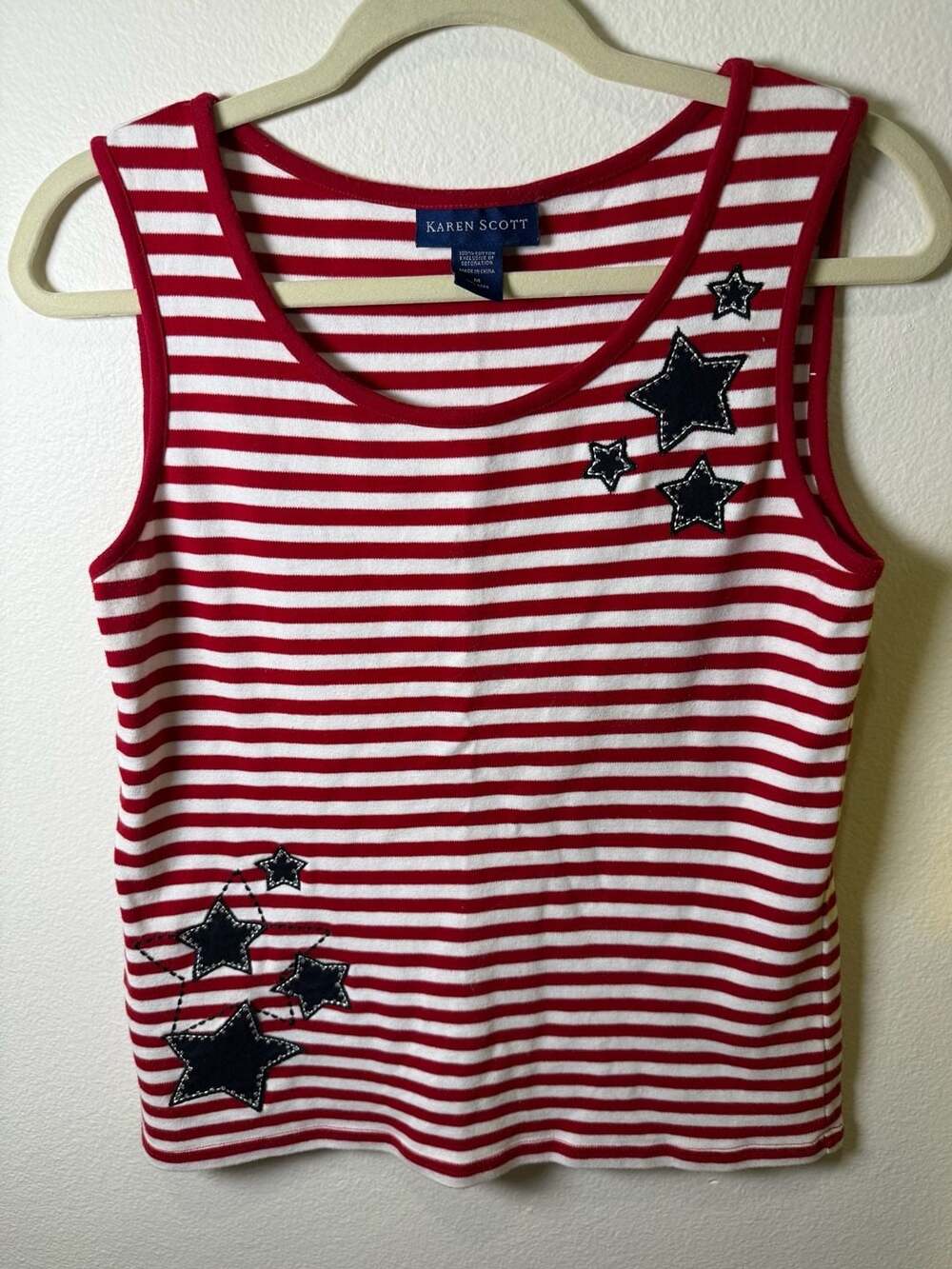 Karen Scott Women's Red and White Striped Tank Top with Navy Blue Sequin Stars